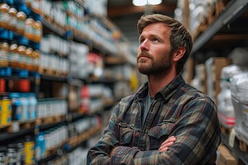 Thoughtful Man Standing In A Hardware Store Aisle