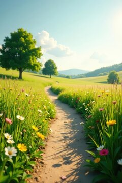 Serene Meadow Path A sunlit dirt trail winds through a vibrant field of wildflowers, bordered by lush green grass, leading towards a tranquil landscape under a bright blue sky.