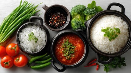 Nutritious cooking flatlay showcasing steamed broccoli, cooked rice, tomato sauce and fresh herbs in black non-stick pots on white background