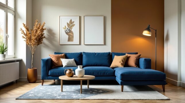 Modern Sectional Sofa in a Stylish Living Room with Accent Wall and Decor - Powered by Adobe