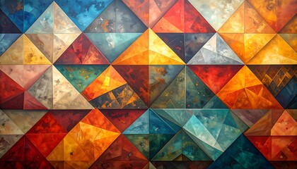 Abstract triangular mosaic of mixed, vibrant colors, forming a textured, dimensional geometric art piece