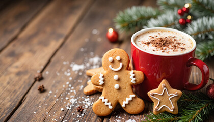 festive gingerbread man cookie and a cap of hot chocolate on wooden table with Christmas decorations