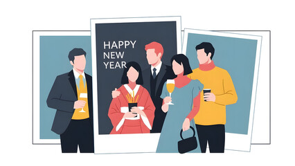 Business people celebrating Happy New Year with signs and drinks