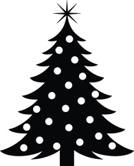Black silhouette of a Christmas tree decorated with white polka dots and star Keywords: Christmas tree, holiday, festive