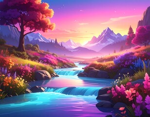 Serene landscape vibrant sunset over mountains and a flowing river