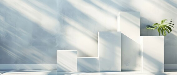 Minimalist interior setting with geometric shapes and decorative vase under soft lighting