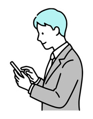 スマートフォンを操作する会社員。メッセージ送信、アプリ操作、ゲームプレイ（シンプルな線画・ベクター）