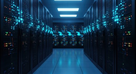 Futuristic Server Room with Glowing Blue Data Streams