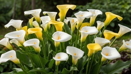 A vibrant bouquet of yellow and white calla lilies in a lush garden setting. © sambath
