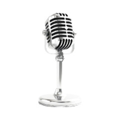 Retro halftone illustration of a vintage microphone on a stand, isolated on white background.