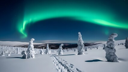 Vibrant green aurora borealis dancing over a snowy arctic landscape with snowcovered trees and footprints under a deep blue night sky