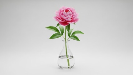 A pink peony flower in a glass vase on a white background.
