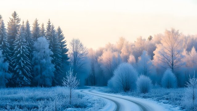 Winding snowy road through a frosty winter forest landscape at sunrise or sunset with hoarfrost covering trees and soft golden light in the background - Powered by Adobe