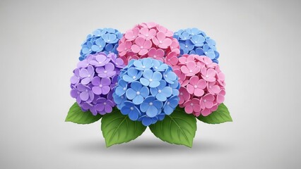 A vibrant bouquet of hydrangea flowers with pink, purple, and blue hues, set against a neutral background.