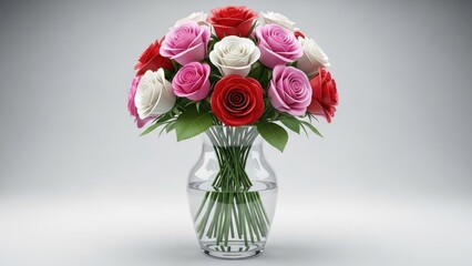 A vase of red, pink, and white roses in a clear glass vase on a white background.
