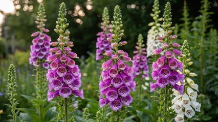 Obraz premium Purple foxglove flowers in a garden with green foliage in the background.