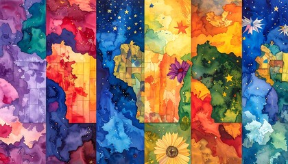 Abstract vertical banners with blended watercolor washes, varied colors, celestial/floral elements, textural fluidity