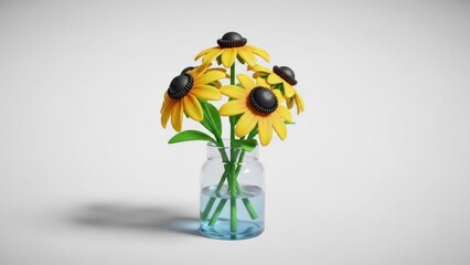 A vase of sunflowers in a glass jar on a white background.