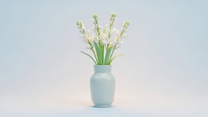 A white vase with green leaves and white flowers on a light blue background.