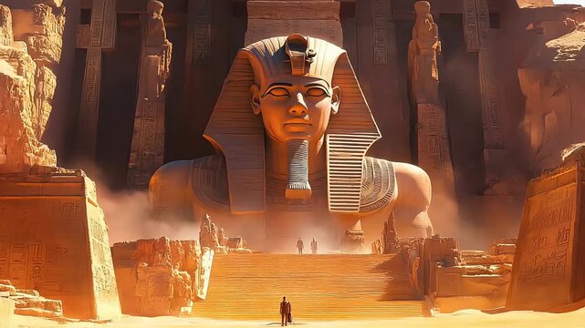 Colossal Pharaoh statues tower over golden sands, whispering ancient tales of Egypt&rsquo;s grandeur and timeless reign.