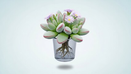 A floating succulent plant in a glass vase with roots on a light blue background.