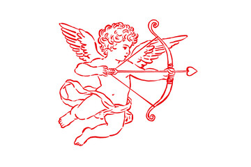 Vintage Red Sketch of Flying Cupid Aiming Bow and Arrow Vector Design