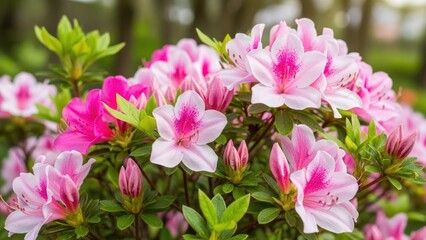 A vibrant pink azalea bush with green leaves in a lush garden setting.