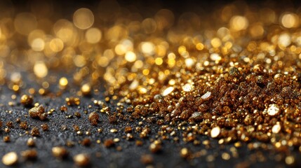 Shimmering gold glitter texture creates festive background, ideal for holiday celebrations and special occasions, high quality macro detail