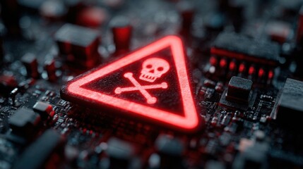 Red skull and crossbones warning symbol glows on a Computer circuit board indicating a cyber attack or security breach