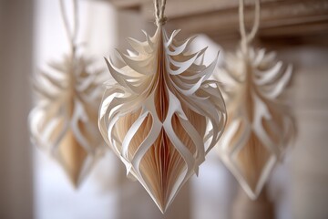 Three paper ornaments dangle from strings in a bright room while people craft and design similar pieces nearby