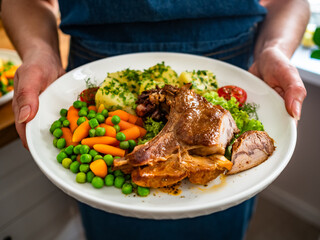 Woman holding plate with baked veal cutlet with bone, boiled potatoes, mini carrots and green peas, close-up
