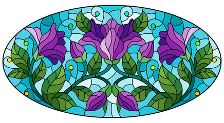 Illustration in stained glass style flower of pink lily on a blue background ,oval  image