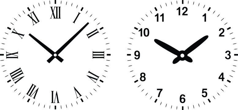 Two clocks showing different times with roman and arabic numerals