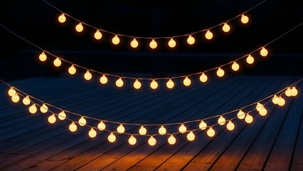 Three strings of glowing warm yellow fairy lights or string lights hanging over a dark wooden deck at night, creating a festive and cozy atmosphere
