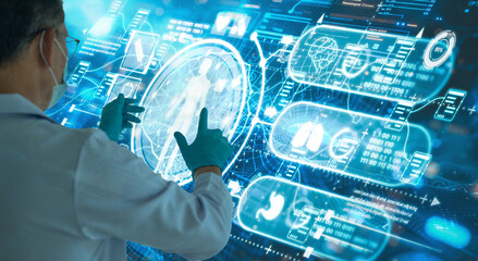 Doctor or surgeon uses a futuristic glowing holographic interface to analyze patient data, representing AI diagnostics, telehealth, big data, and high-tech medical innovation in a dark blue environmen