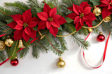 Christmas holiday decoration with gold and red ornament balls on a white background