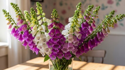A vibrant bouquet of foxglove flowers in shades of purple and white, placed on a wooden table with a blurred background featuring floral patterns.