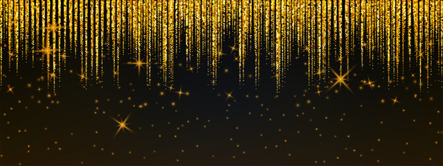  Gold confetti and sparkling stardust falling like rain through darkness, illuminated by glowing particles and shimmering golden lights for elegant events.