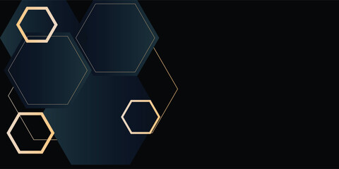 Modern luxury horizontal banner background with layers of golden hexagon shapes and shadow decoration.