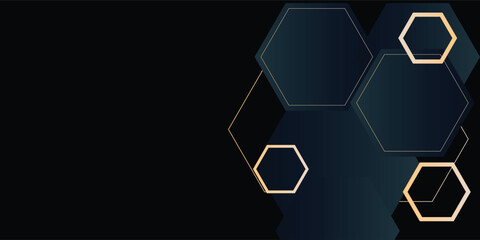 Modern luxury horizontal banner background with layers of golden hexagon shapes and shadow decoration.