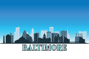 Naklejka premium Global city Baltimore shown in a detailed vector skyline with a bright blue sky