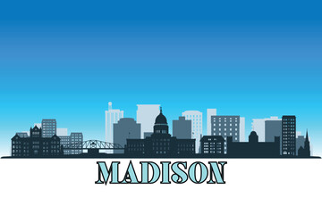 Naklejka premium Global city Madison shown in a detailed vector skyline with a bright blue sky