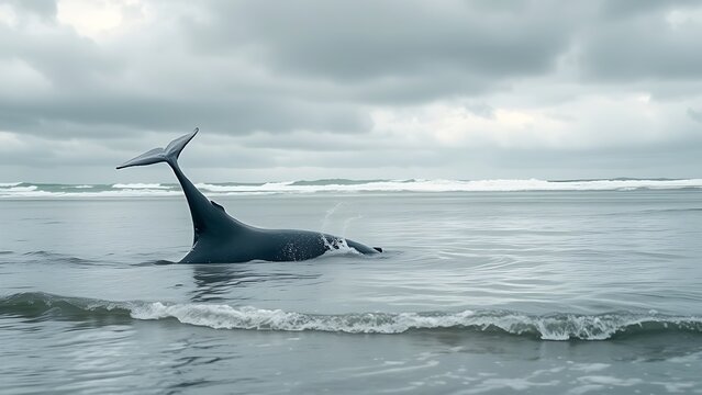 motherliness. Beached whale with tail fin splashing in shallow water under overcast sky. wildlife magazines, conservation campaigns, designed for eco-tourism storytelling.
