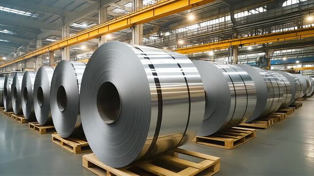 Many large steel coils are stacked neatly in the warehouse, ready for industrial processing and transport.