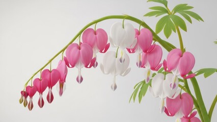 Fototapeta premium A pink and white bleeding heart plant with green leaves against a white background.