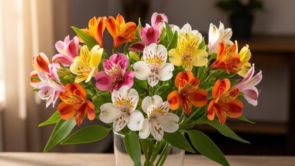 A colorful bouquet of mixed flowers in a vase on a wooden table.