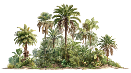 Decorative summer palm forest scene with lush vegetation isolated on transparent background