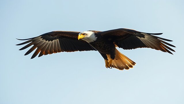 subjugating. Eagle soaring high in clear sky with sharp gaze focused on ground movement. wildlife magazines, conservation campaigns, designed for wildlife conservation campaigns.