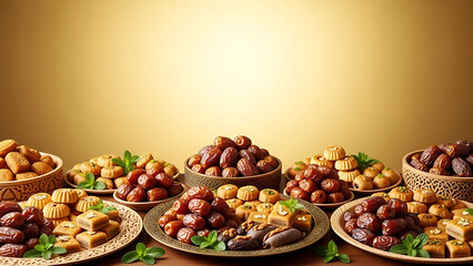 Assortment of delicious dates and sweets arranged on plates, ready for serving during festive occasions