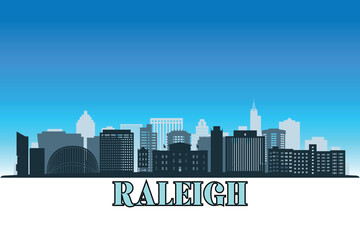 Naklejka premium Global city Raleigh shown in a detailed vector skyline with a bright blue sky